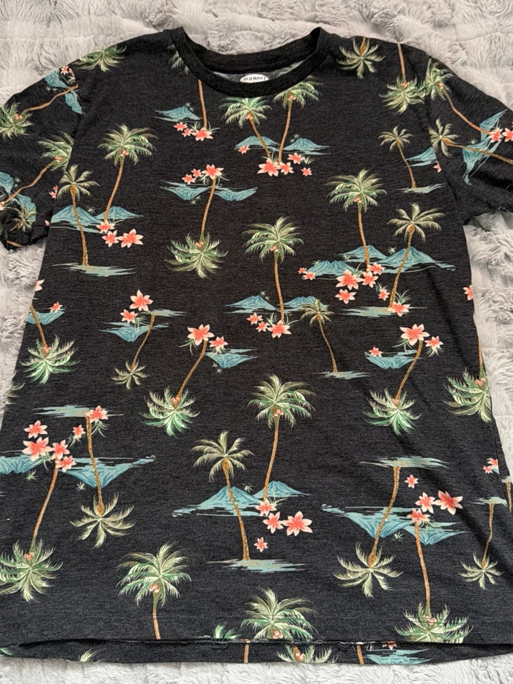 Old Navy Black Tee with Teal and Coral Palm Print